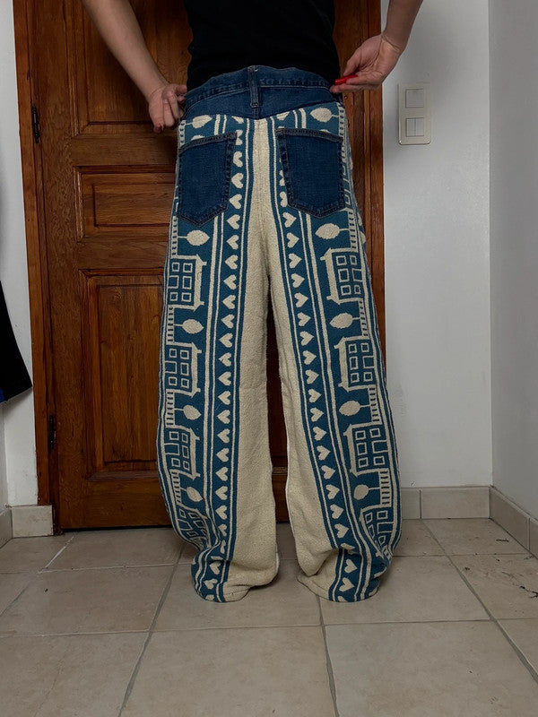 Pantalon baggy en tapisserie design unique vintage fait main upcyclé retravaillé taille 34US n•413