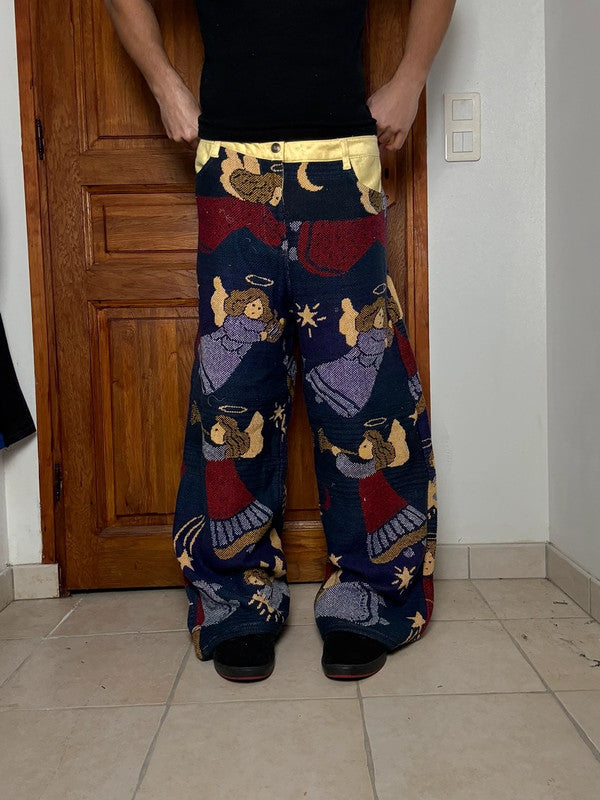 Pantalon baggy en tapisserie design unique vintage fait main upcyclé retravaillé taille 36US n•414