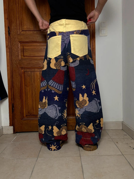 Pantalon baggy en tapisserie design unique vintage fait main upcyclé retravaillé taille 36US n•414