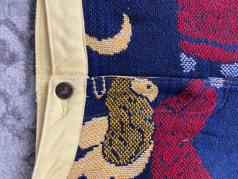 Pantalon baggy en tapisserie design unique vintage fait main upcyclé retravaillé taille 36US n•414