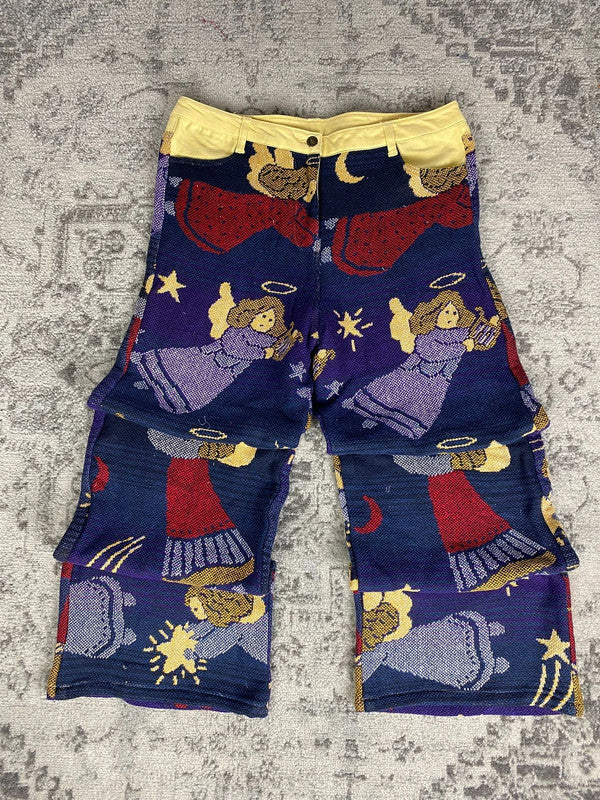 Pantalon baggy en tapisserie design unique vintage fait main upcyclé retravaillé taille 36US n•414