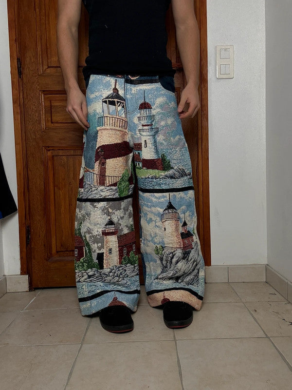Pantalon baggy en tapisserie design unique vintage fait main upcyclé retravaillé taille 34US n•415