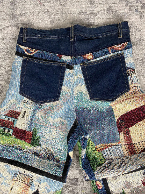 Pantalon baggy en tapisserie design unique vintage fait main upcyclé retravaillé taille 34US n•415