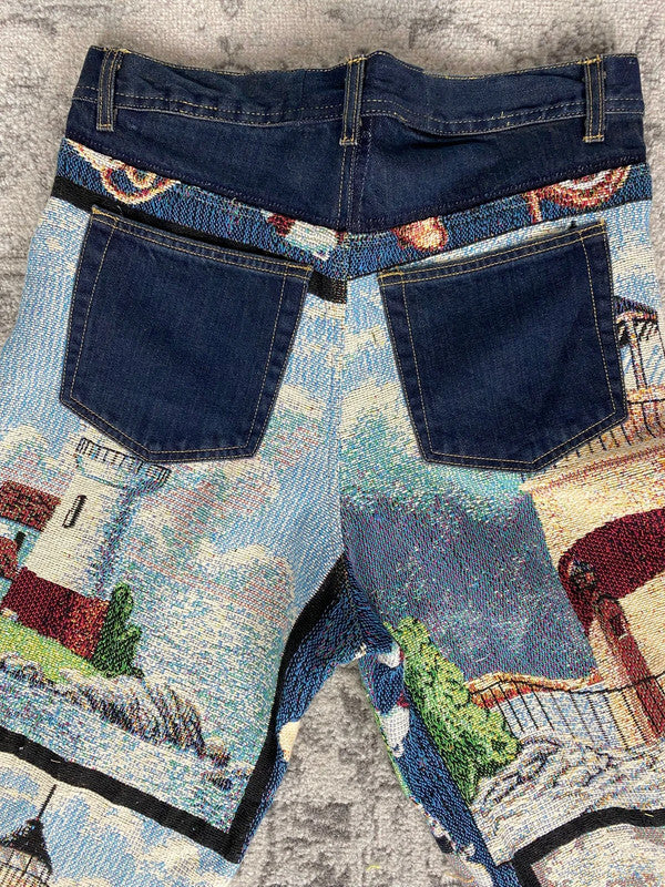 Pantalon baggy en tapisserie design unique vintage fait main upcyclé retravaillé taille 34US n•415