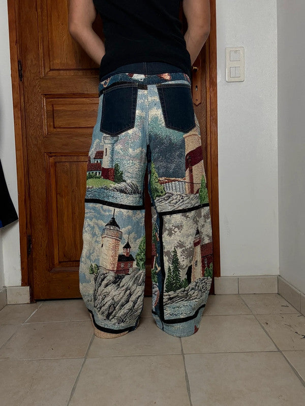 Pantalon baggy en tapisserie design unique vintage fait main upcyclé retravaillé taille 34US n•415