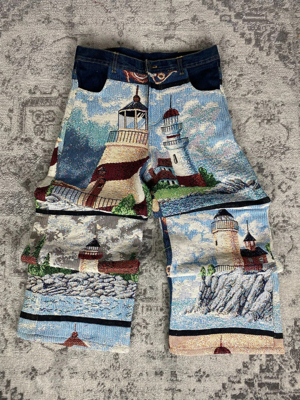 Pantalon baggy en tapisserie design unique vintage fait main upcyclé retravaillé taille 34US n•415