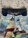 Pantalon baggy en tapisserie design unique vintage fait main upcyclé retravaillé taille 34US n•415