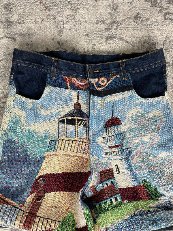 Pantalon baggy en tapisserie design unique vintage fait main upcyclé retravaillé taille 34US n•415