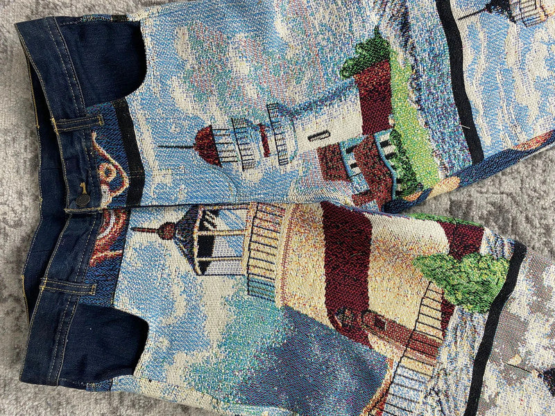 Pantalon baggy en tapisserie design unique vintage fait main upcyclé retravaillé taille 34US n•415