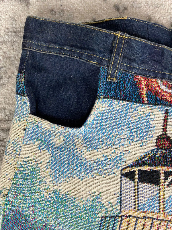 Pantalon baggy en tapisserie design unique vintage fait main upcyclé retravaillé taille 34US n•415