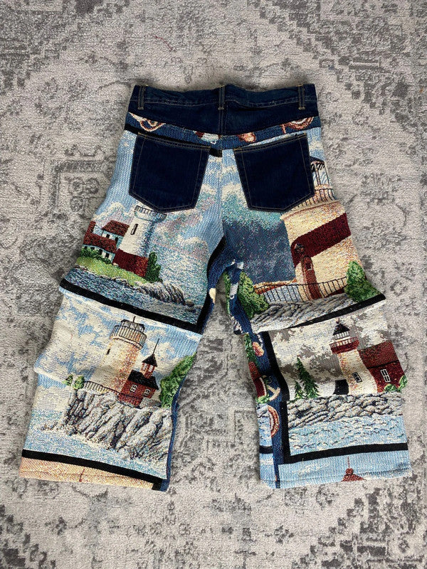 Pantalon baggy en tapisserie design unique vintage fait main upcyclé retravaillé taille 34US n•415