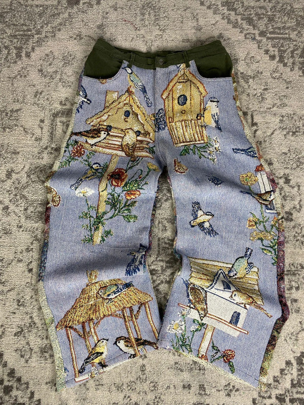 Pantalon baggy en tapisserie design unique vintage fait main upcyclé retravaillé taille M n•416