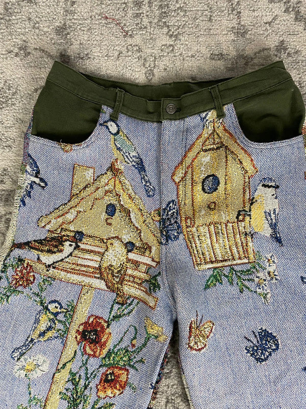 Pantalon baggy en tapisserie design unique vintage fait main upcyclé retravaillé taille M n•416