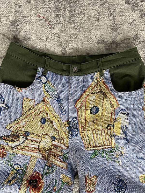 Pantalon baggy en tapisserie design unique vintage fait main upcyclé retravaillé taille M n•416