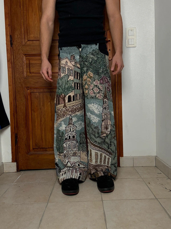 Pantalon baggy en tapisserie design unique vintage fait main upcyclé retravaillé taille S n•417
