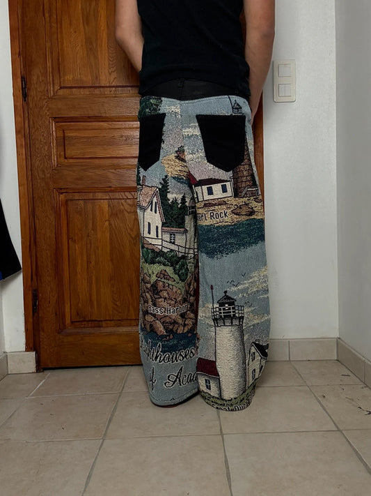 Pantalon baggy en tapisserie design unique vintage fait main upcyclé retravaillé taille S n•417