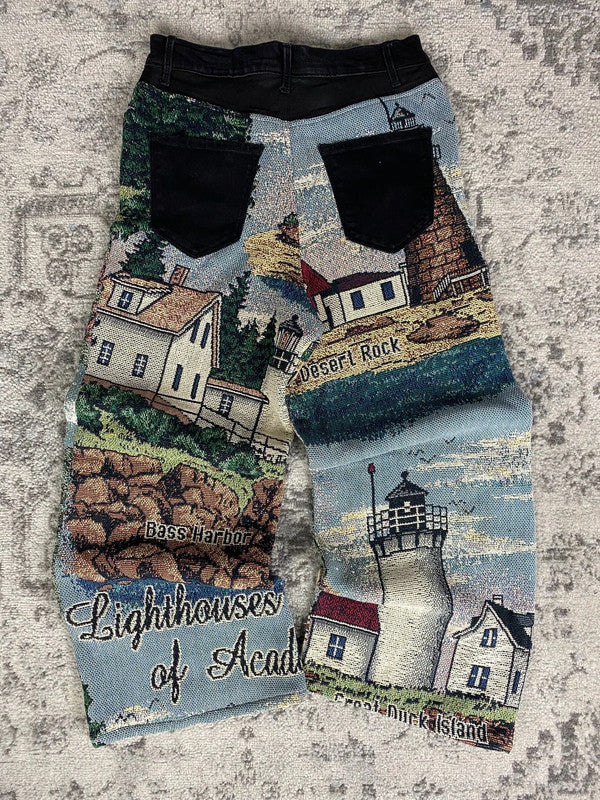 Pantalon baggy en tapisserie design unique vintage fait main upcyclé retravaillé taille S n•417