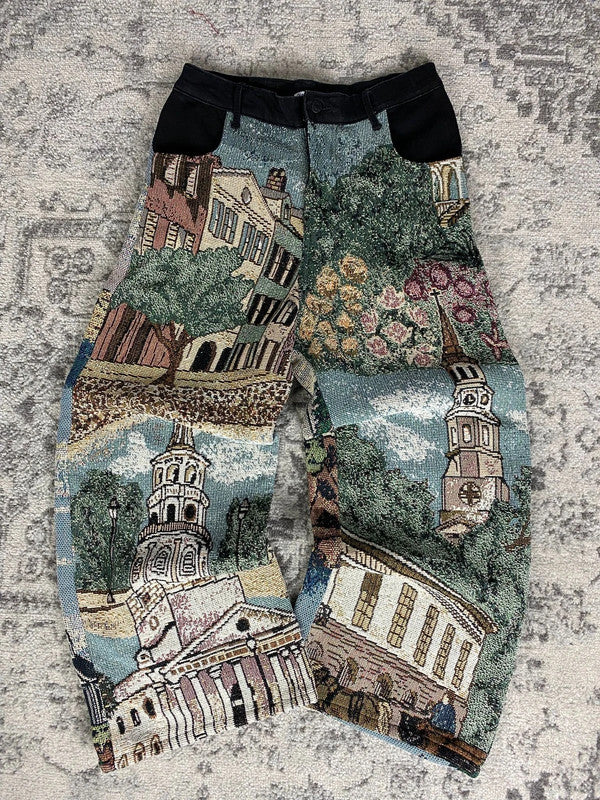 Pantalon baggy en tapisserie design unique vintage fait main upcyclé retravaillé taille S n•417