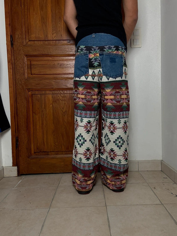 Pantalon baggy en tapisserie design unique vintage fait main upcyclé retravaillé taille M n•418