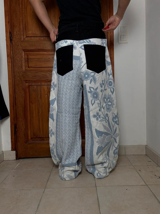 Pantalon baggy en tapisserie design unique vintage fait main upcyclé retravaillé taille L n•419