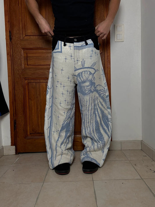 Pantalon baggy en tapisserie design unique vintage fait main upcyclé retravaillé taille L n•419