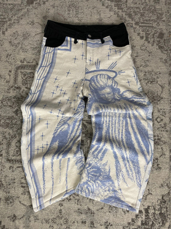 Pantalon baggy en tapisserie design unique vintage fait main upcyclé retravaillé taille L n•419
