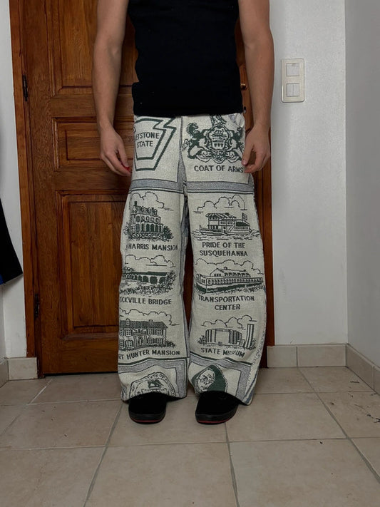 Pantalon baggy en tapisserie design unique vintage fait main upcyclé retravaillé taille M n•420