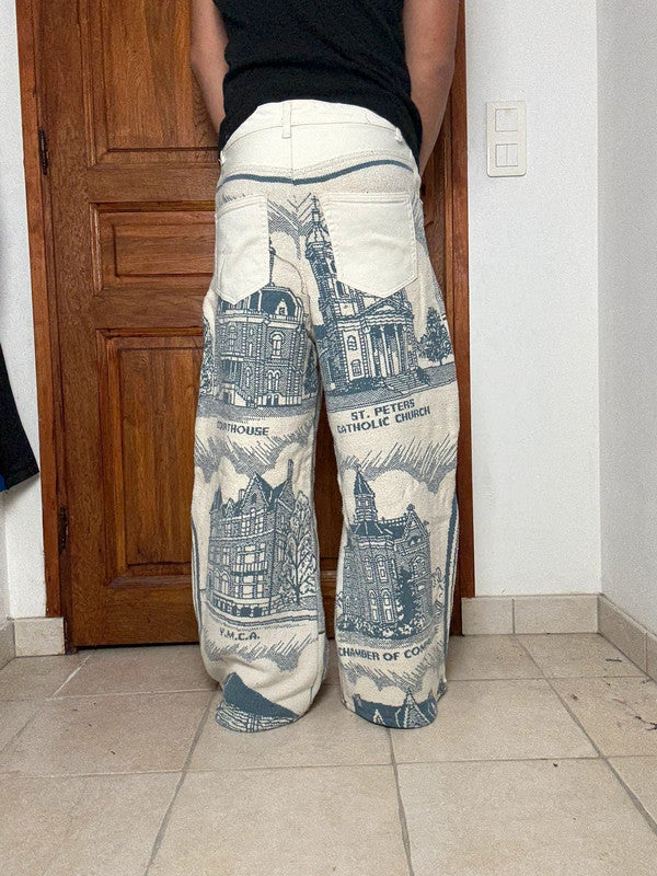 Pantalon baggy en tapisserie design unique vintage fait main upcyclé retravaillé taille M n•420