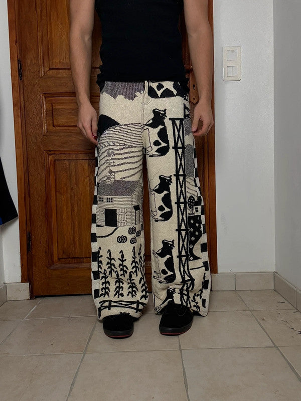 Pantalon baggy en tapisserie design unique vintage fait main upcyclé retravaillé taille M n•421