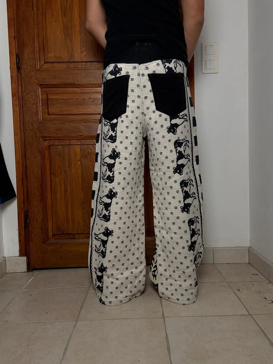 Pantalon baggy en tapisserie design unique vintage fait main upcyclé retravaillé taille M n•421