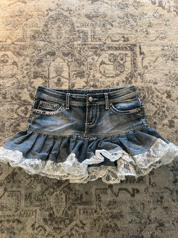 Jupe dentelle y2k custom handmade grunge goth emo skirt jean taille S n•328