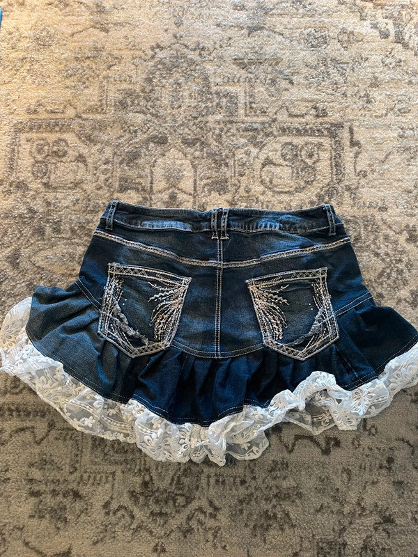 Jupe dentelle y2k custom handmade grunge goth emo skirt jean taille L n•329