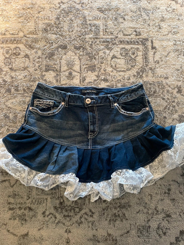 Jupe dentelle y2k custom handmade grunge goth emo skirt jean taille L n•329