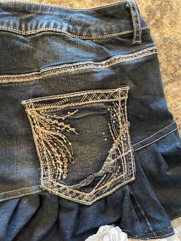 Jupe dentelle y2k custom handmade grunge goth emo skirt jean taille L n•329