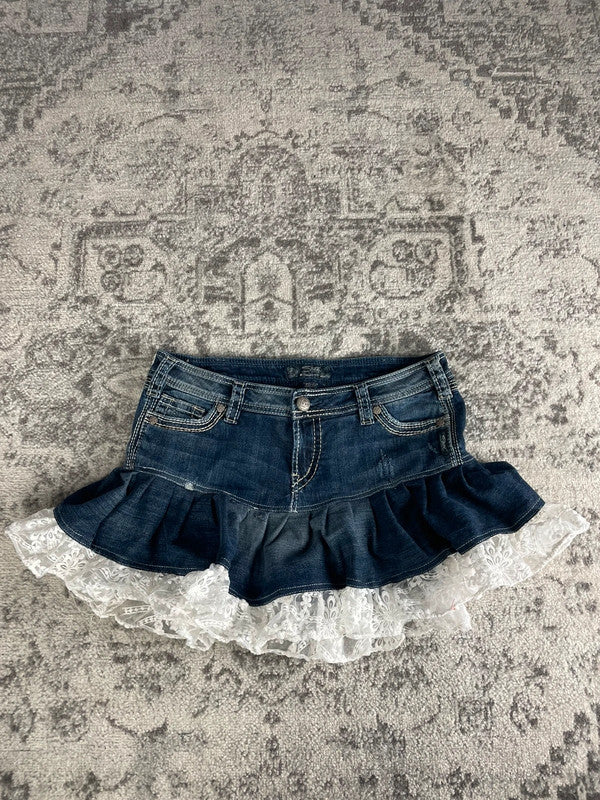 Jupe dentelle y2k custom handmade grunge goth emo skirt jean taille L n•343