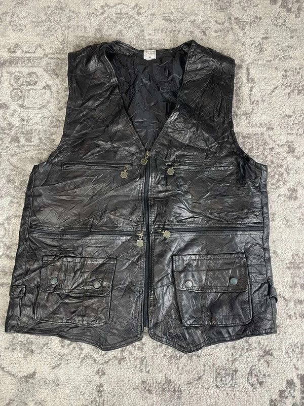 Veste en cuir sans manche style motard handmade streetwear y2k peinture moto XL n•375
