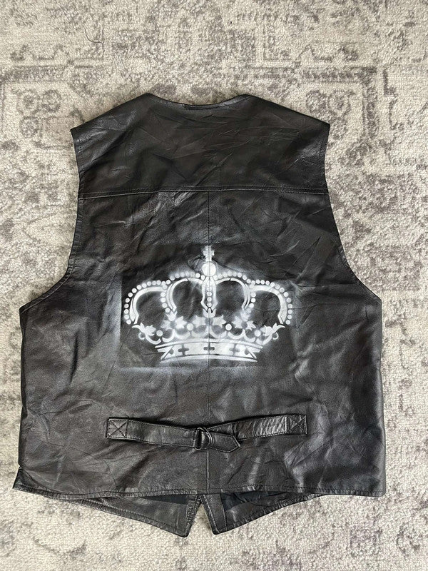 Veste en cuir sans manche style motard handmade streetwear y2k peinture moto XL n•376