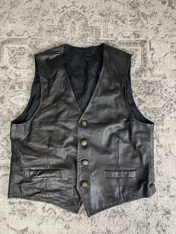 Veste en cuir sans manche style motard handmade streetwear y2k peinture moto XL n•376