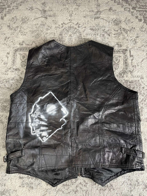 Veste en cuir sans manche style motard handmade streetwear y2k peinture moto XXL n•377