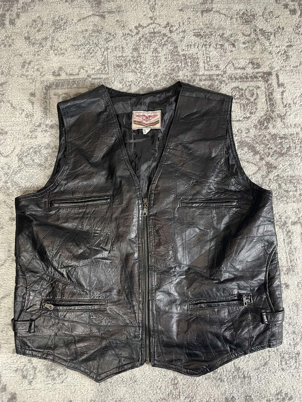 Veste en cuir sans manche style motard handmade streetwear y2k peinture moto XXL n•377