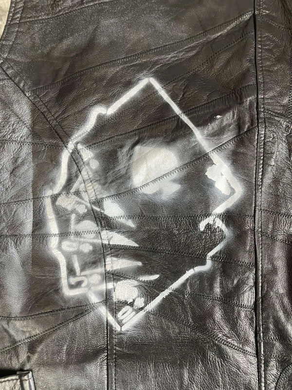 Veste en cuir sans manche style motard handmade streetwear y2k peinture moto XXL n•377