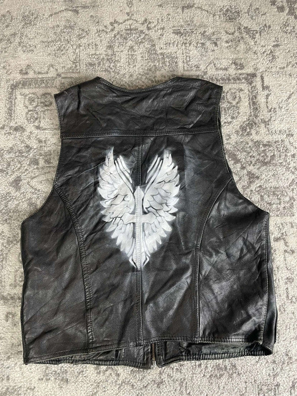 Veste en cuir sans manche style motard handmade streetwear y2k peinture moto M n•378