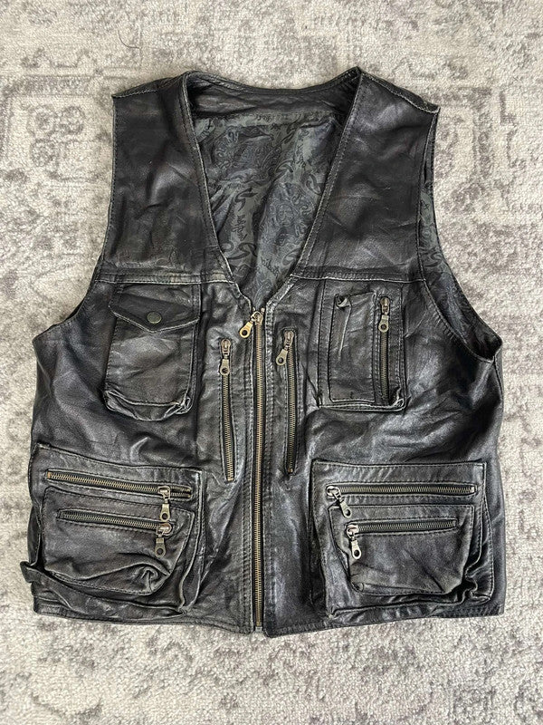 Veste en cuir sans manche style motard handmade streetwear y2k peinture moto M n•378