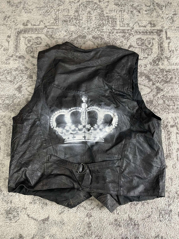 Veste en cuir sans manche style motard handmade streetwear y2k peinture moto L n•379