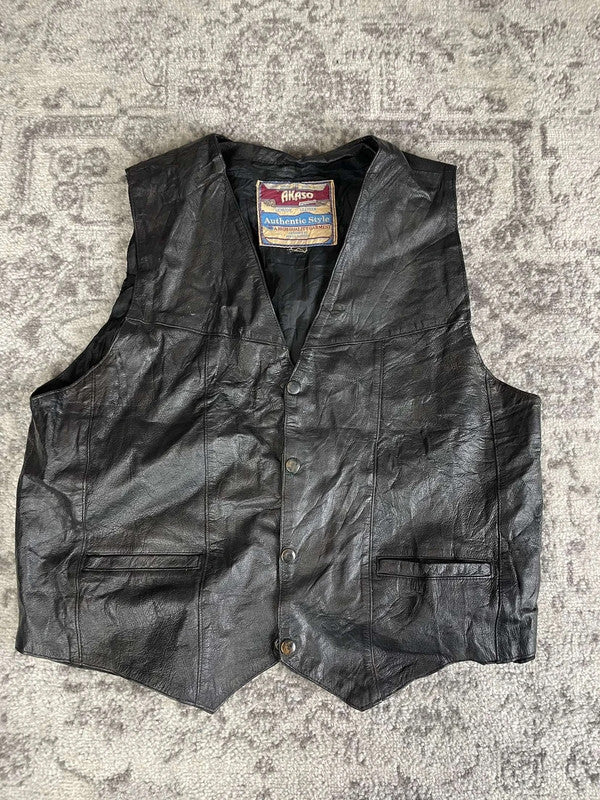 Veste en cuir sans manche style motard handmade streetwear y2k peinture moto L n•379