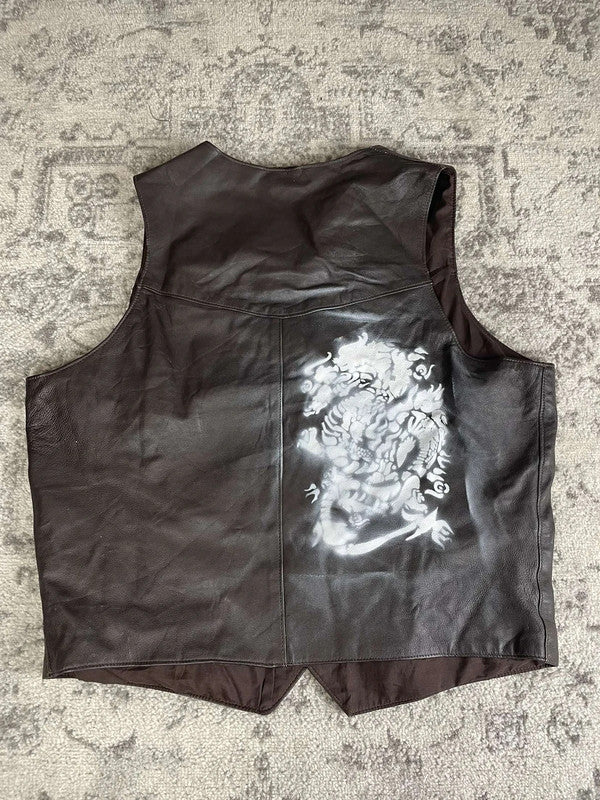 Veste en cuir sans manche style motard handmade streetwear y2k peinture moto XL n•380