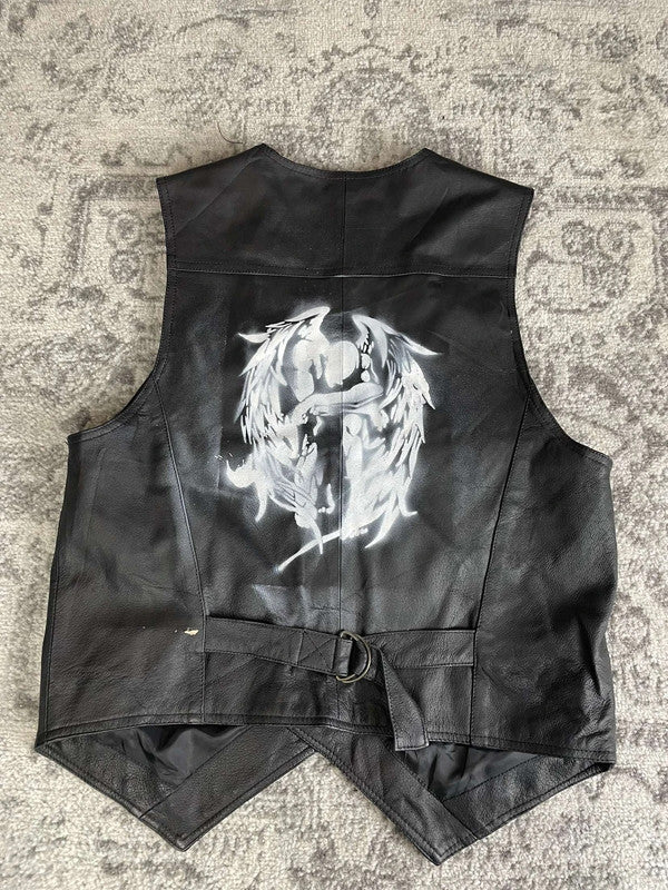 Veste en cuir sans manche style motard handmade streetwear y2k peinture moto L n•381