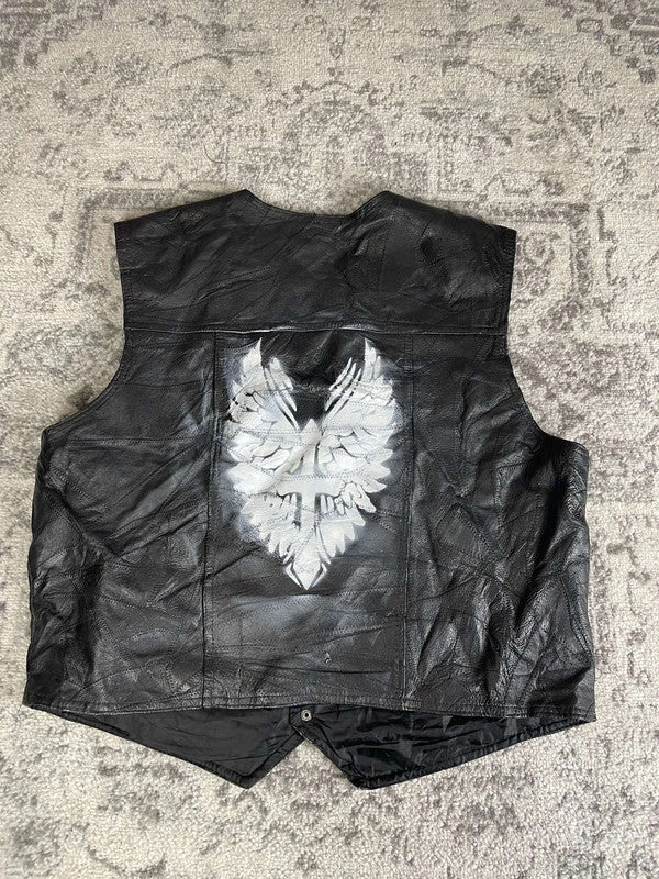 Veste en cuir sans manche style motard handmade streetwear y2k peinture moto XL n•382