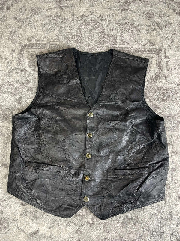 Veste en cuir sans manche style motard handmade streetwear y2k peinture moto XL n•382