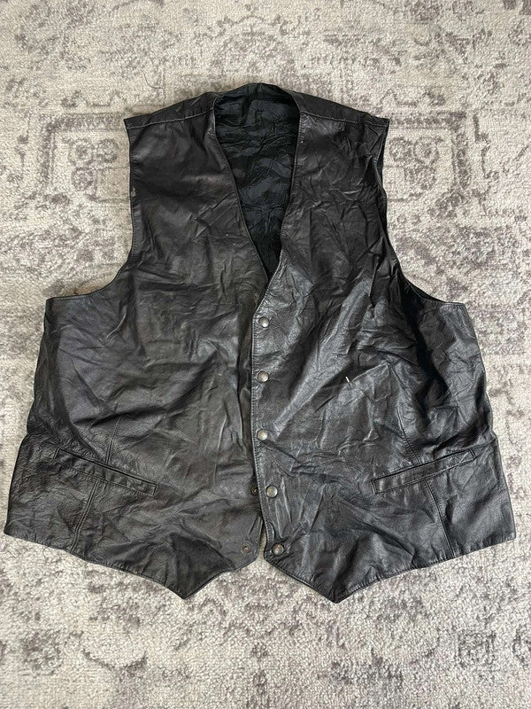Veste en cuir sans manche style motard handmade streetwear y2k peinture moto XL n•383